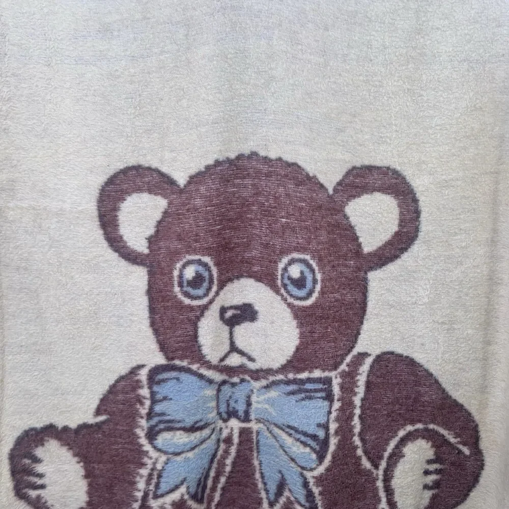 VTG Crown Crafts Vuteks Blue Brown Bear Reversible Throw Blanket 60 x 80 VGC